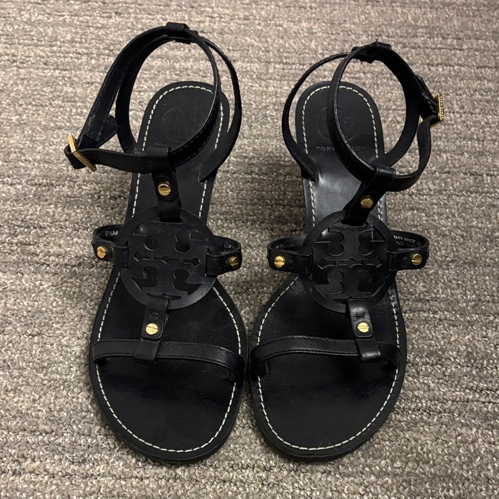 Tory Burch Black Leather Sandals - Picture 1 of 5